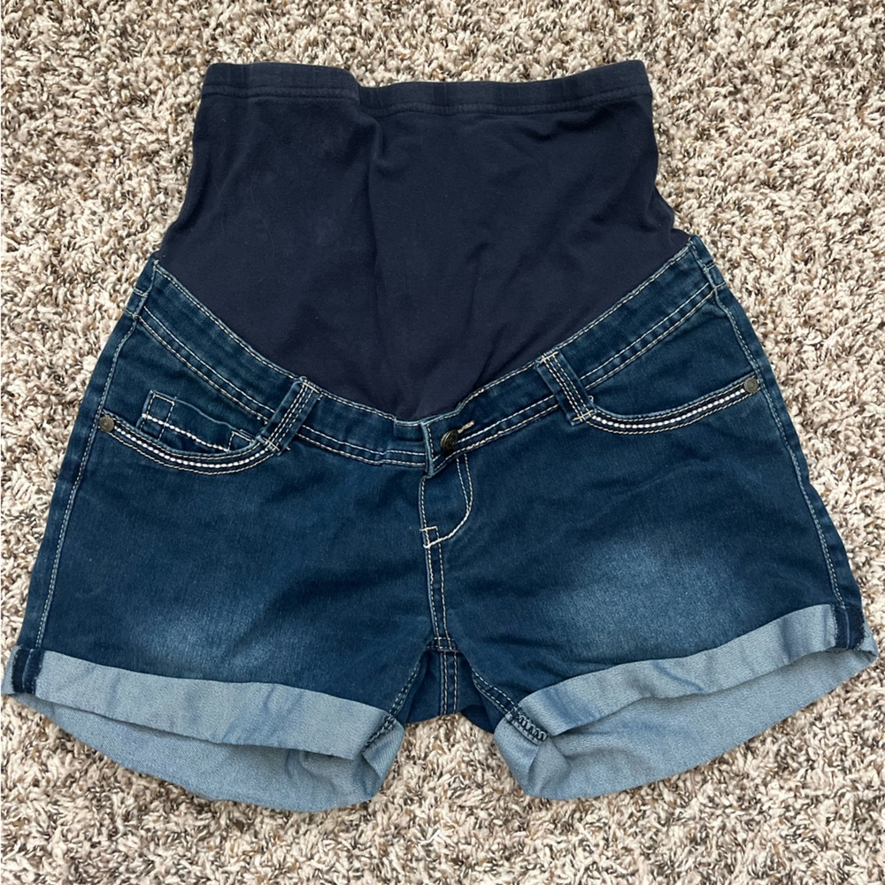 Blue Denim Shorts with Rolled Hems and Contrast Stitching